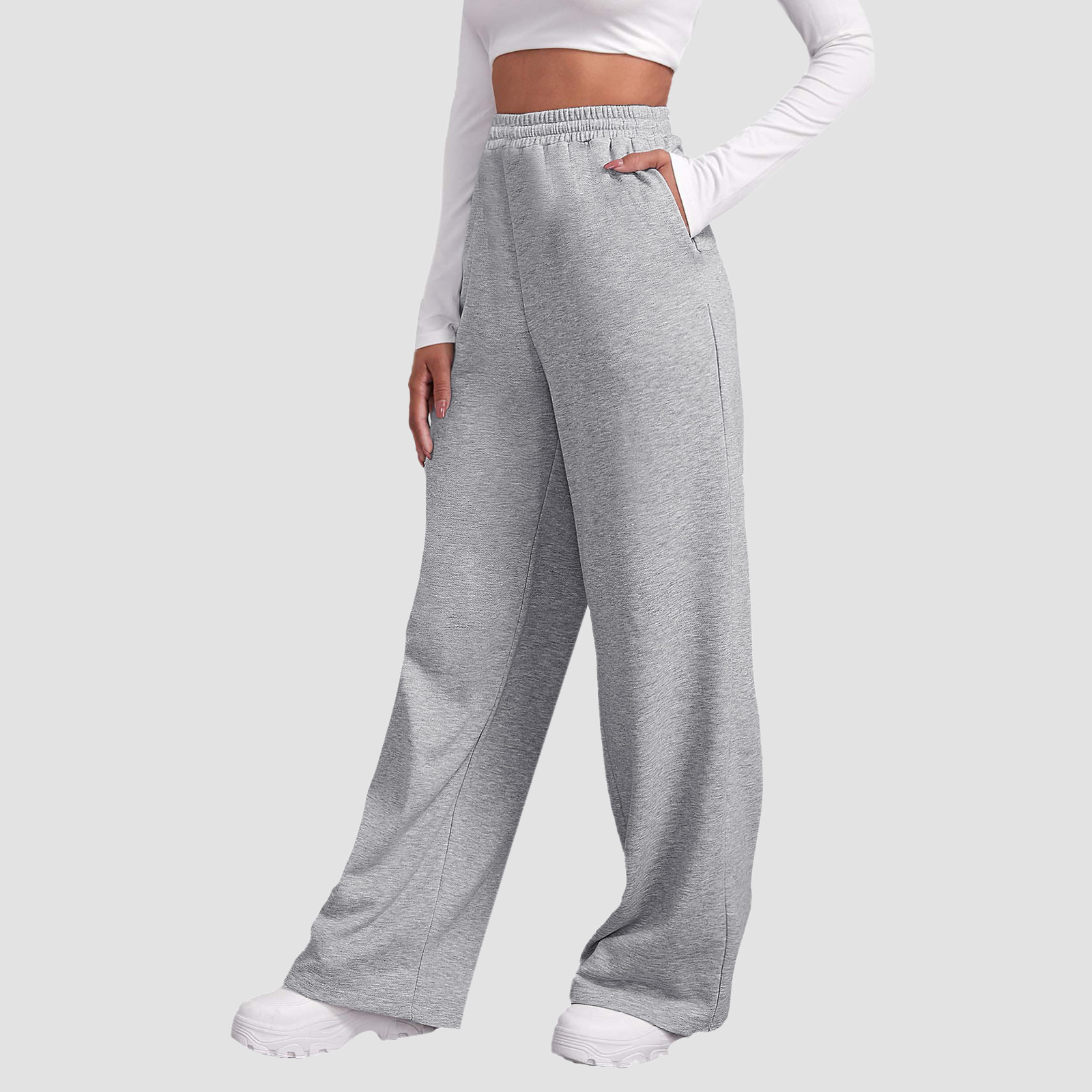 thumbnail image 3 of Pantalones de chándal con forro polar para mujer: cintura alta, pierna ancha y bolsillos; poliéster ligero para primavera/otoño; diseño con lazo delantero; informal/trabajo/yoga; tallas S-XXL., 3 of 7